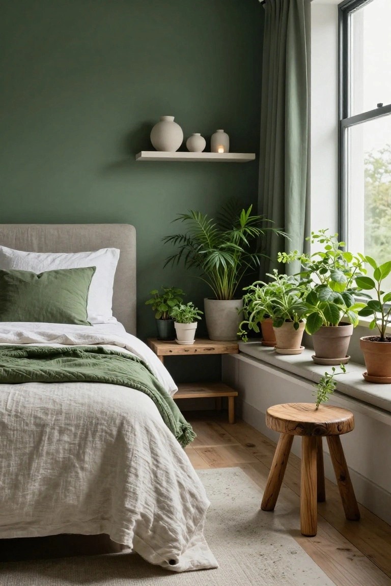 Corner of a bedroom with sage green walls, gray upholstered bed headboard with white and green pillows and linens, potted plants on windowsill and nightstand, wooden shelf with white vases, and a small wooden stool.