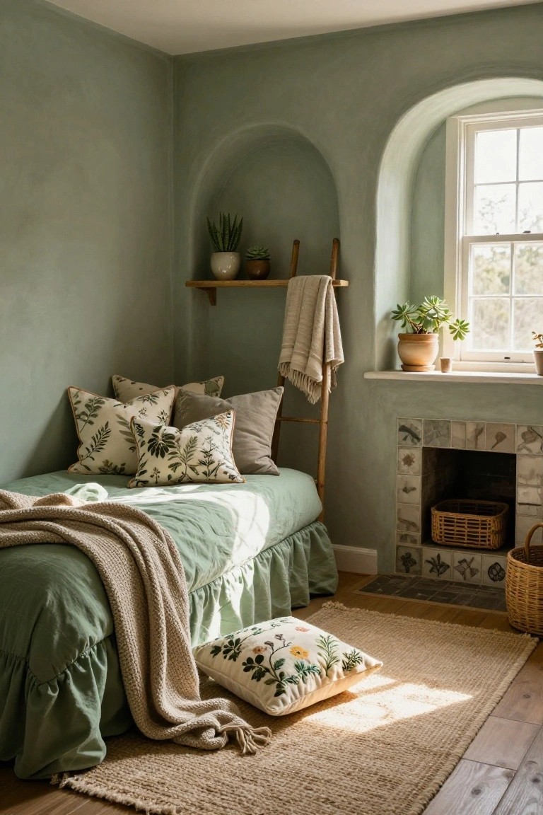 A cozy bedroom corner with sage green textured walls, a daybed draped in green linens and patterned pillows, a wooden ladder shelf holding plants, and a small tiled fireplace beside a window.