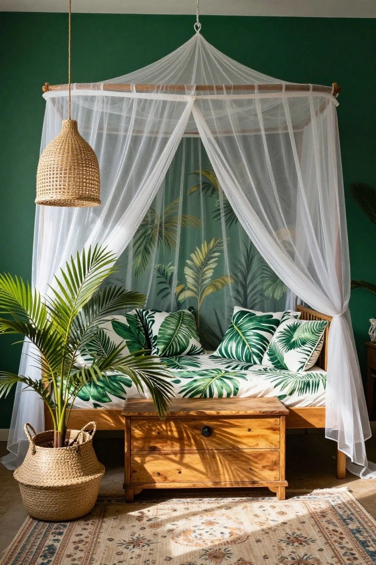 A bedroom with emerald green walls featuring a tropical palm leaf mural, a wooden canopy bed draped in white sheer netting, green palm-print bedding and pillows, a potted palm plant in a rattan basket, wooden nightstand, and rattan pendant light.