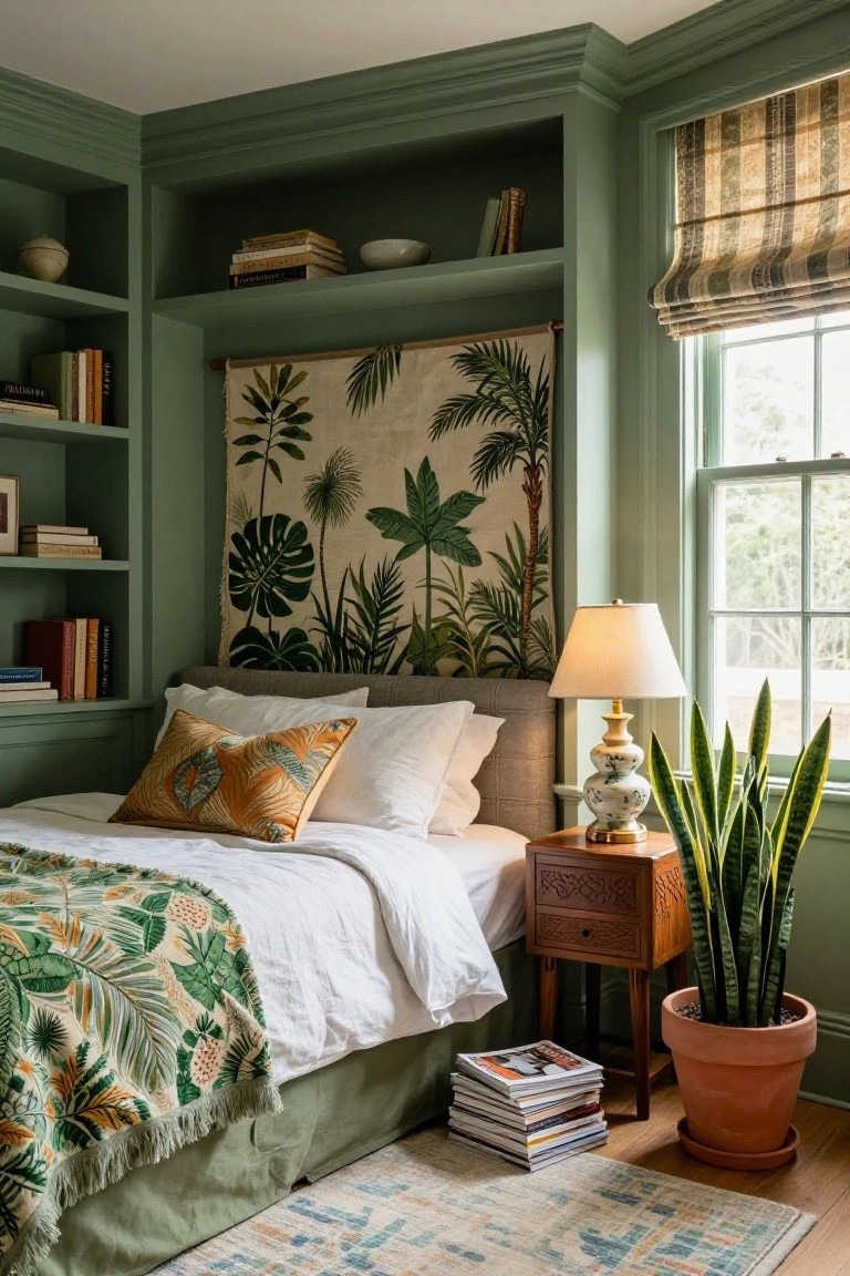 Sage green bedroom with built-in bookshelves, large beige tropical leaf tapestry above gray upholstered bed with white sheets, orange pillow, green leaf throw, wood nightstand holding ceramic lamp and snake plant in terracotta pot, stacked magazines, and blue-gray rug.