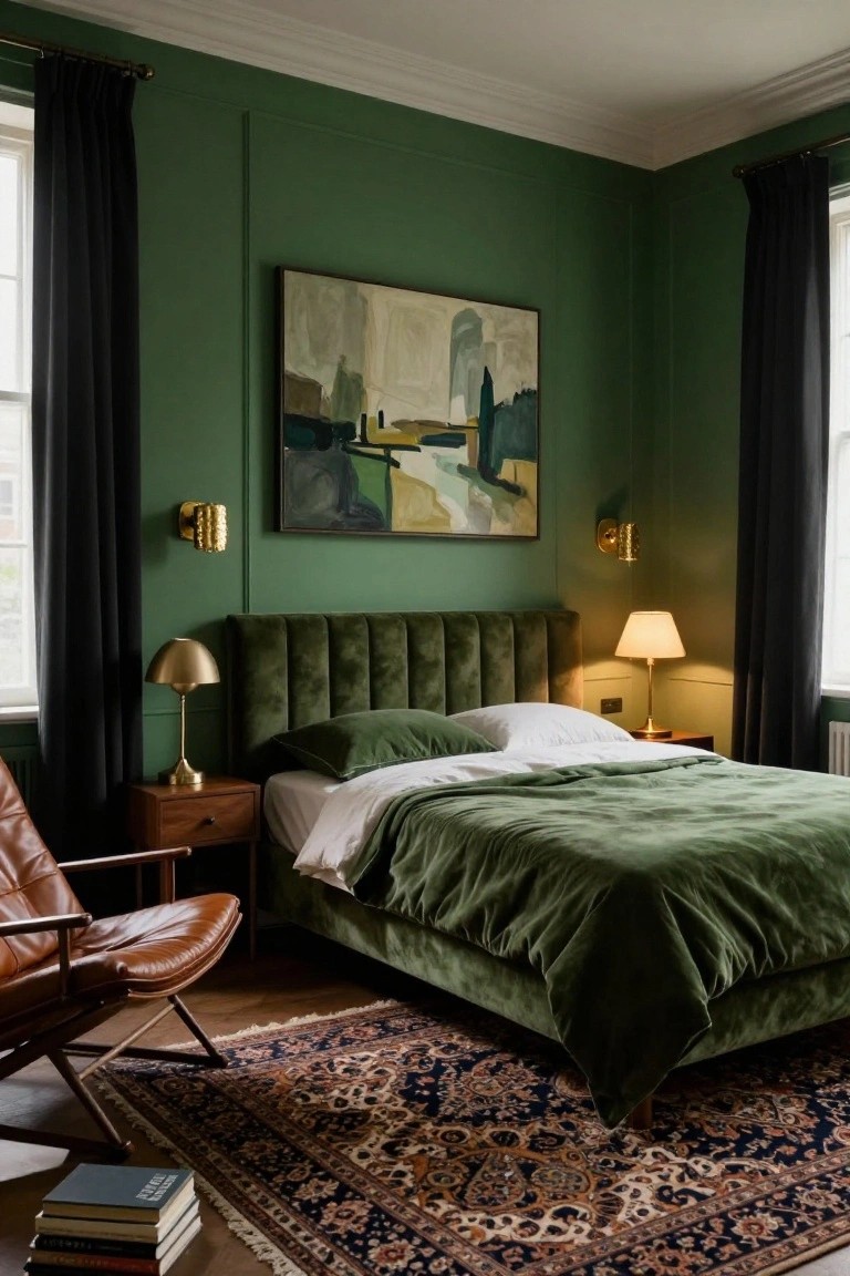 A bedroom corner with deep green paneled walls, tufted green velvet headboard and duvet on a bed, brass table lamps, wooden nightstand, brown leather chair, and patterned rug on wood floor.