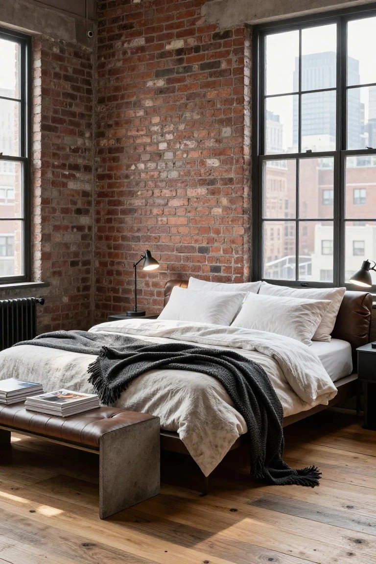 Bedroom with exposed brick walls and large windows showing a low platform bed with white duvet, pillows, gray knit throw, leather bench at foot, and black desk lamps on wood floors.