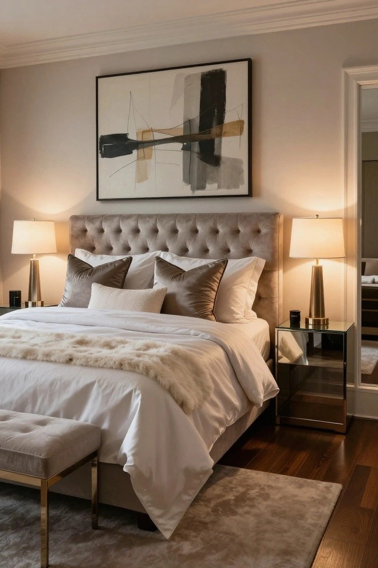 Elegant bedroom featuring a tufted headboard, decorative pillows, and modern artwork.