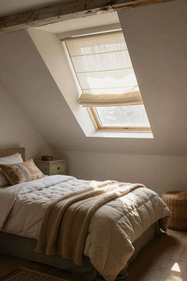 Sunlit attic bedroom with slanted white ceiling and wooden beams, skylight with sheer roller blind, bed dressed in white quilted duvet topped by beige knit throw, green wooden nightstand, and wicker basket on wooden floor.