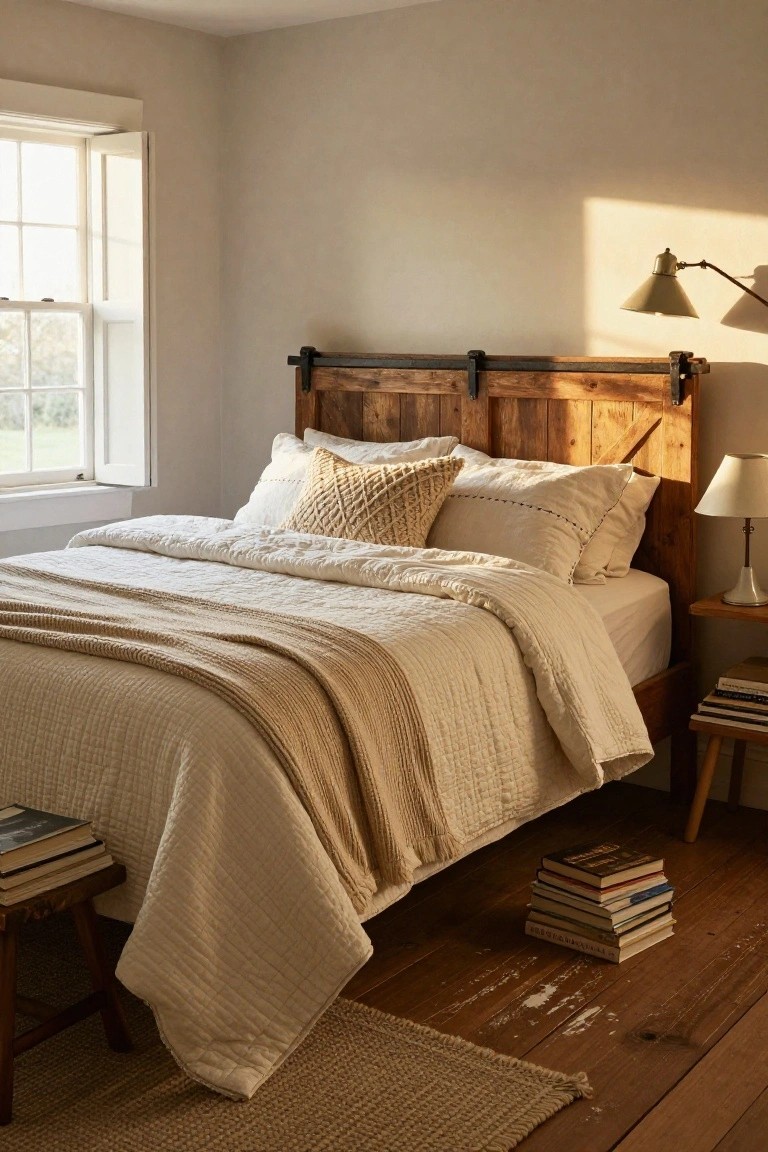 A bedroom with a rustic wooden bed frame holding layered cream and white quilted bedding, textured pillows, a bedside table with lamp and books, wooden stool, and hardwood floors.