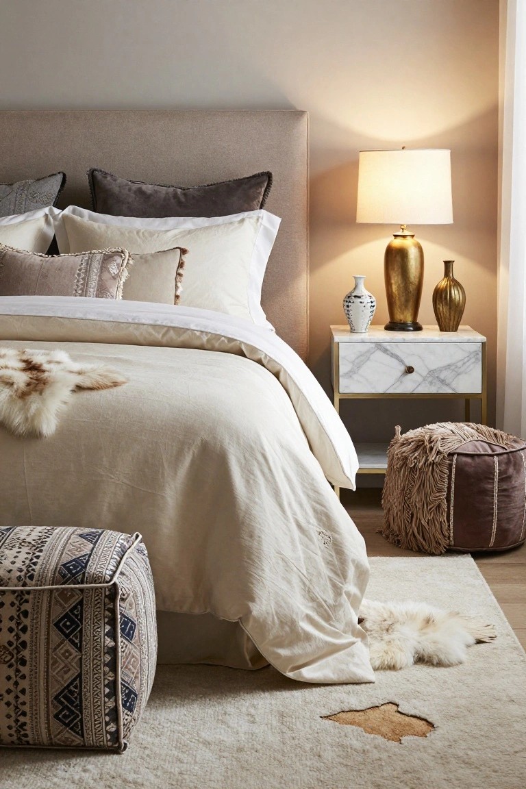 Bedroom with beige upholstered headboard, bed in layered cream bedding topped with white fur throws and assorted pillows, marble nightstand with brass lamp and vases, patterned ottomans, and cream rug on wood floor.