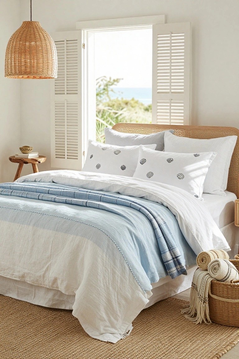 A bedroom featuring a rattan headboard bed with white linens, a blue quilt, pillows printed with seashells, open white shutters overlooking greenery and ocean, rattan pendant light, wooden side table, seagrass rug, and basket of beige throws.