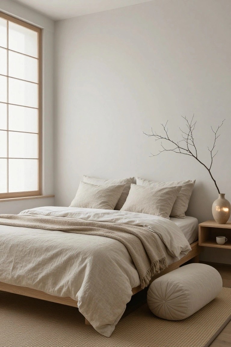 Minimalist bedroom featuring a light wooden bed, beige linens, and a decorative branch.