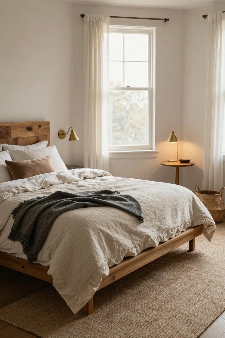 Bedroom interior with light wood platform bed, white linen bedding rumpled with pillows and gray knit throw draped over foot, brass wall sconces and table lamp, sheer curtains on double-hung windows, seagrass rug on wood floor.