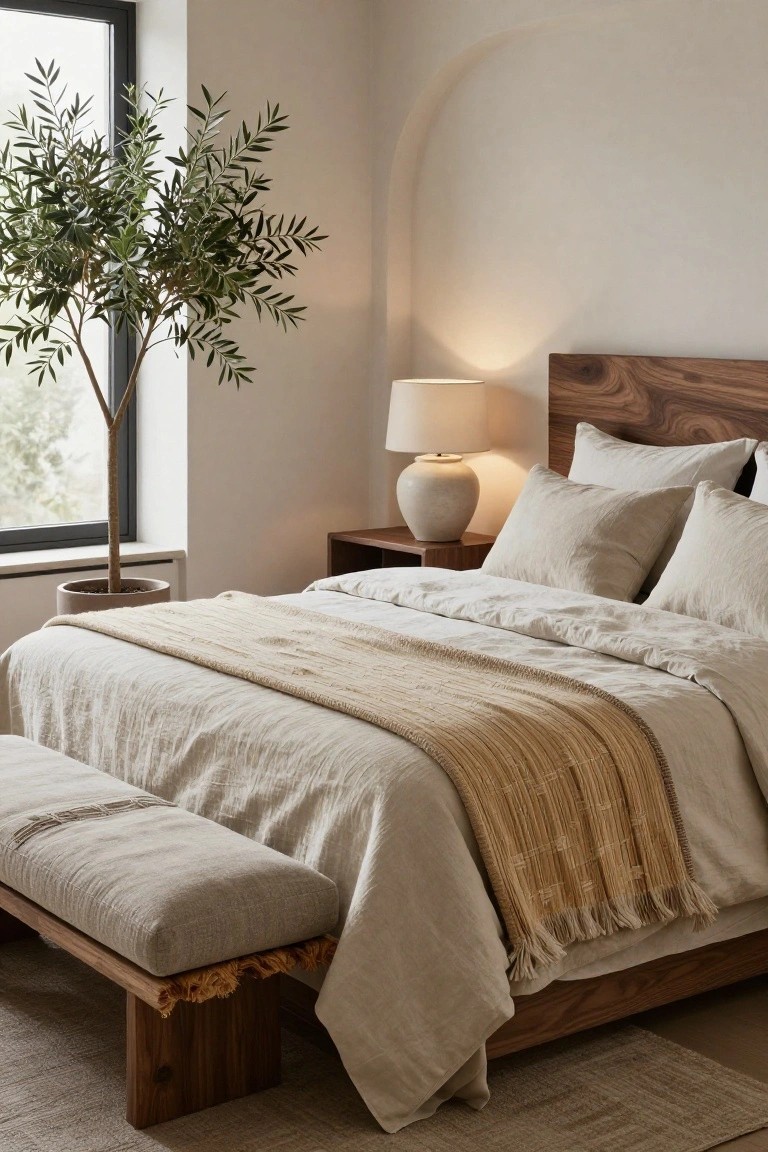 A bedroom with a wooden bed frame holding layered cream linen bedding, beige pillows, and a yellow fringed throw, plus a matching bench, bedside table with ceramic lamp, and potted olive tree by a large window.