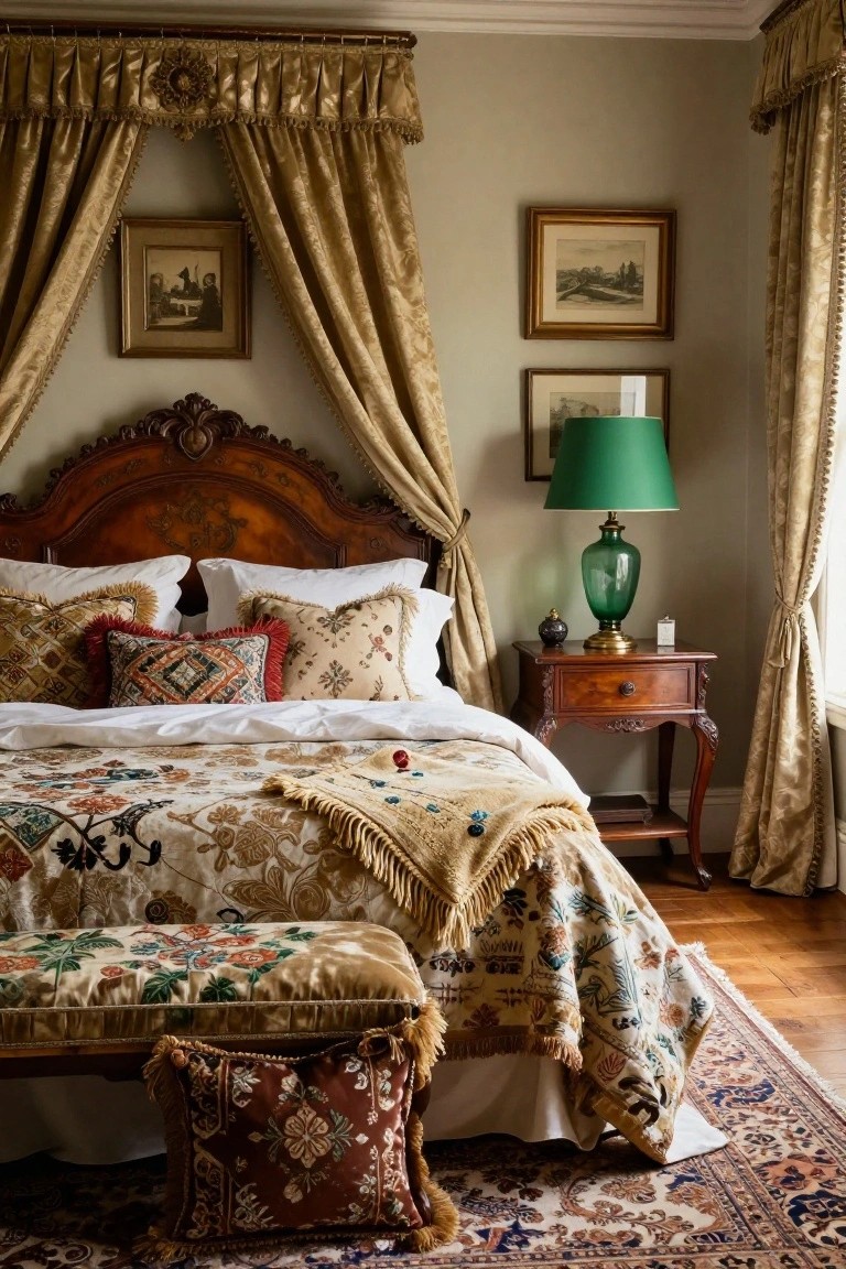 Luxurious bedroom with ornate bed, patterned bedding, elegant curtains, and a green lamp.