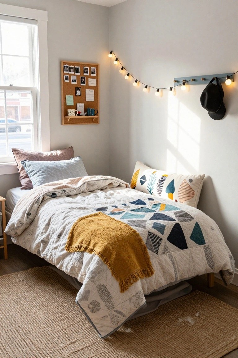Corner of a light gray bedroom featuring a low single bed with white quilt showing geometric patterns in blue, gray, and teal, draped yellow throw blanket, assorted pillows, corkboard wall with photos and notes, string lights, wall hook with black hat, and window with natural light.