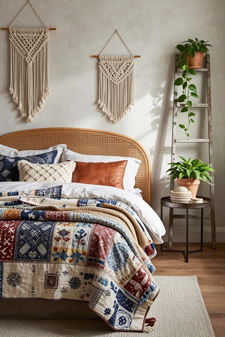A bedroom featuring a rattan headboard bed with white sheets, a colorful patchwork quilt, layered throws, and mixed pillows including blue patterned, white knit, and tan leather ones, with macrame wall hangings, potted plants, and a ladder shelf nearby.