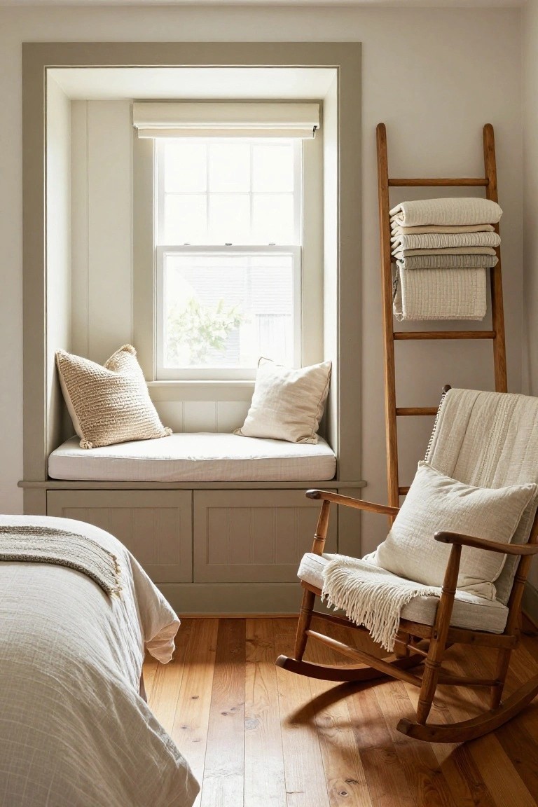 Bedroom corner with built-in window seat cushions, wooden ladder holding stacked cream and beige blankets, wooden rocking chair with pillows and throw, and bed with white linens on hardwood floor.