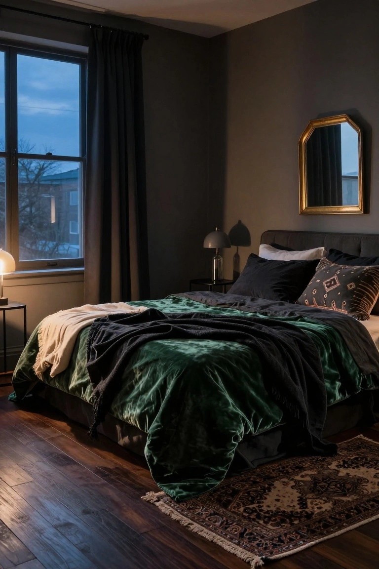 A bedroom corner with a bed covered in dark green velvet duvet, black pillows and sheets, white throw, beside a lamp and window with dark curtains on wooden floors.
