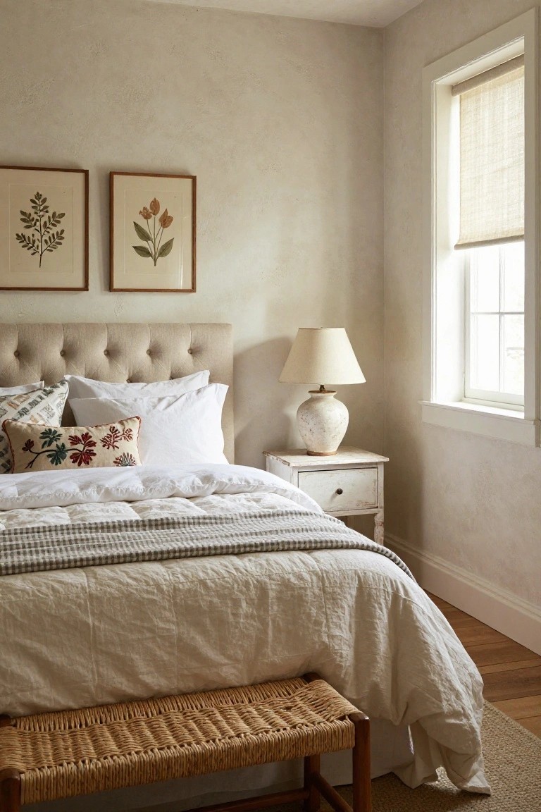 A bedroom corner with tufted beige headboard, white duvet and sheets layered with gray striped throw at foot, patterned and white pillows, ceramic lamp on white nightstand, botanical prints on walls, rattan bench, and bamboo shade on window.