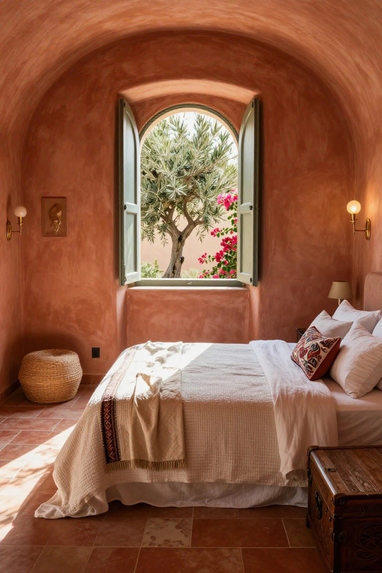 Cozy bedroom with curved pinkish terracotta walls and floor, arched green-shuttered window showing olive tree and pink bougainvillea outside, white layered bed with striped throw and patterned pillow, woven basket stool, and wooden chest.