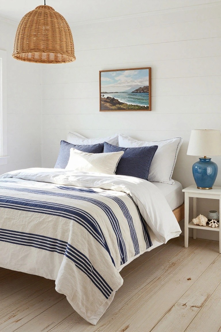 Bedroom with white shiplap walls, rattan pendant light overhead, framed seascape painting, bed layered with white sheets under navy and white striped linen duvet and pillows in white and navy, blue ceramic lamp on white nightstand with seashells.
