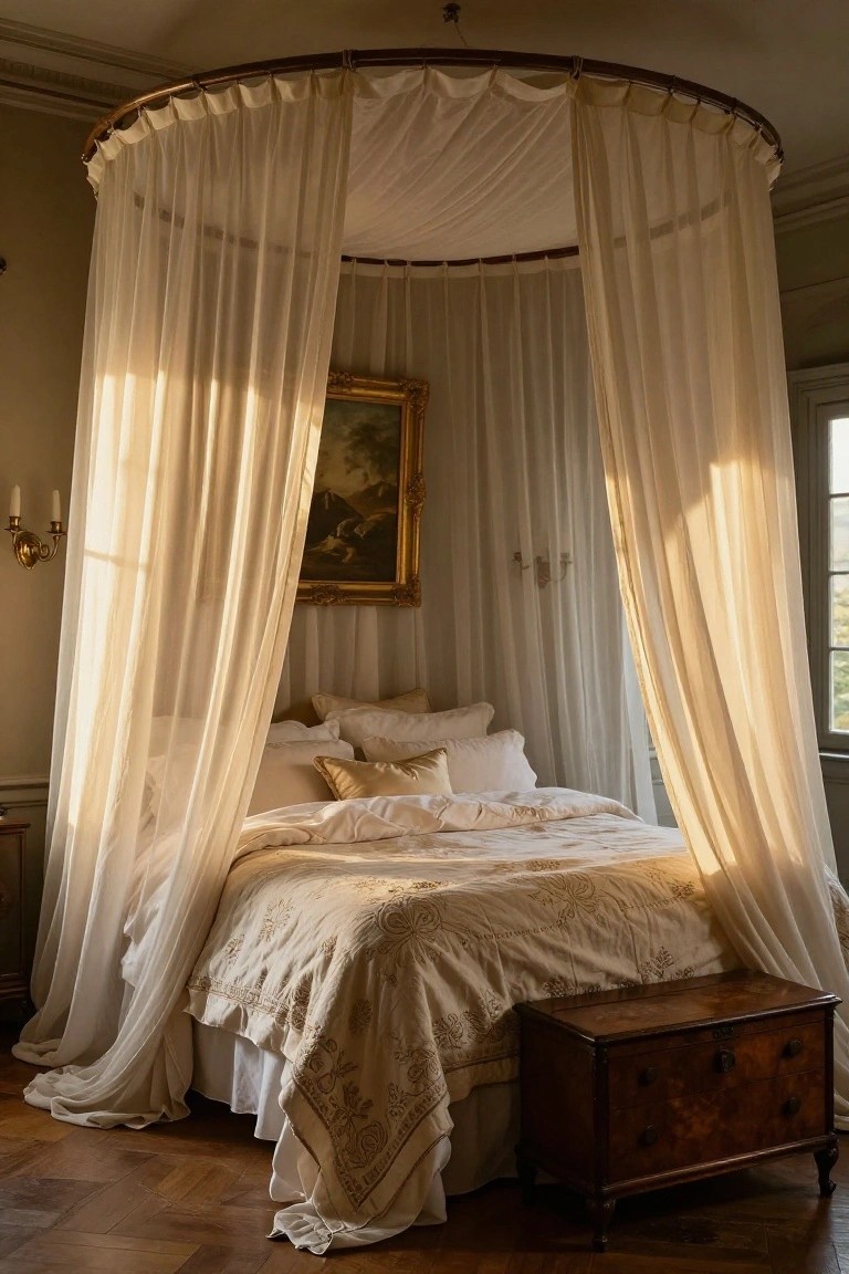 A bedroom with a circular metal canopy bed draped in white sheer curtains enclosing layered white pillows and quilted bedding, a wooden chest at the foot, gilded painting on the wall, wall sconces, and sunlight through tall windows on parquet floors.