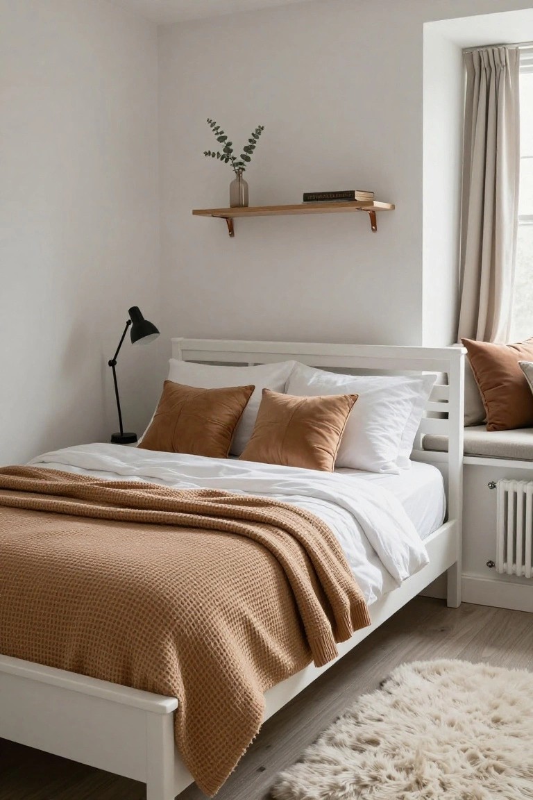 White wooden bed in a light bedroom with terracotta knit throw over white duvet and sheets, terracotta and white pillows, black desk lamp on shelf nearby, glass vase with eucalyptus, book on wooden shelf, beige curtains at window, white radiator, light wood floor, and cream rug.
