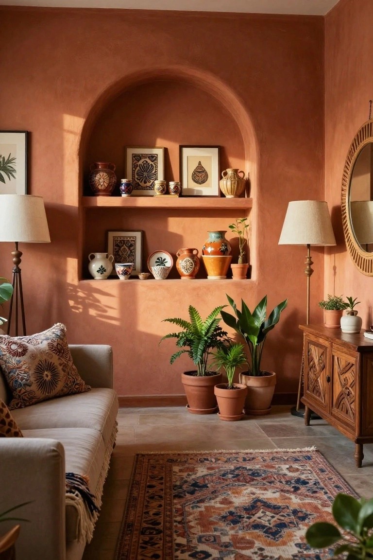 Cozy living room corner with terracotta textured walls and a central arched niche displaying colorful pottery vases, plates, and small plants, flanked by floor lamps, a beige sofa, wooden sideboard, and patterned rug.