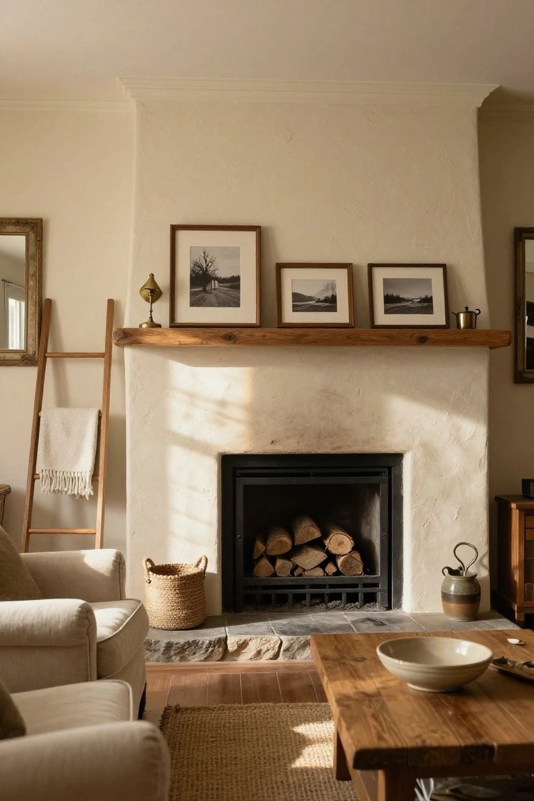 Living room with white plaster walls and wooden mantel over a fireplace stacked with firewood, displaying three framed black-and-white landscape photos flanked by a brass lamp and teapot, wooden ladder with white blanket, seagrass basket, beige armchairs, and wooden coffee table with bowl.