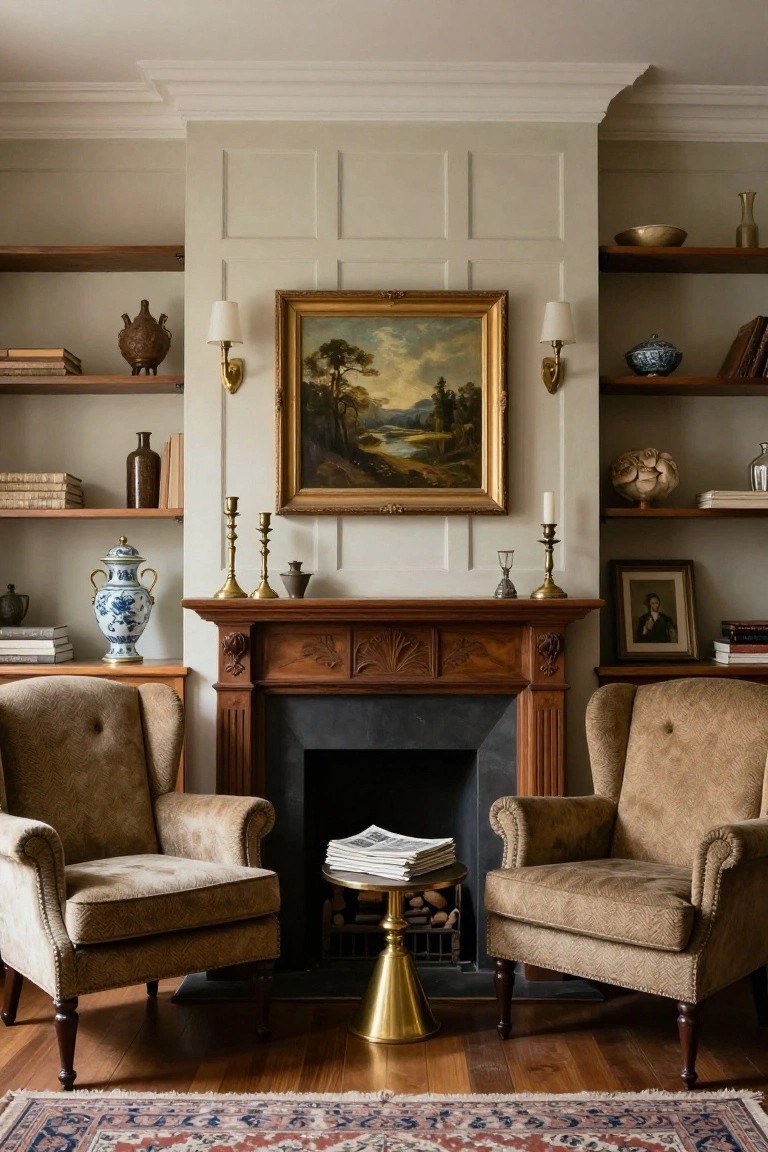 Cozy living room featuring a carved wooden fireplace on a paneled wall flanked by open wooden shelves holding books, ceramics, vases, and antiques, with a large gold-framed landscape painting centered above the mantel and two upholstered wingback chairs facing it on a patterned rug.