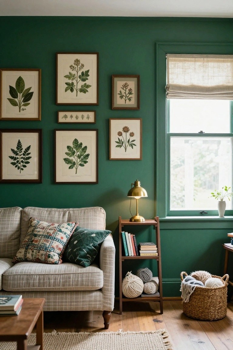 Living room corner with deep green walls covered in a gallery of wooden-framed botanical prints depicting leaves and plants, a light gray checkered sofa with pillows below, gold desk lamp on wooden shelf nearby, and wicker basket on wood floor.