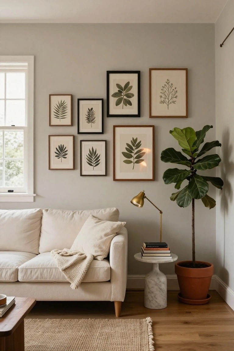 Cozy living room with a white sofa, leafy artwork, plant, and a marble side table.