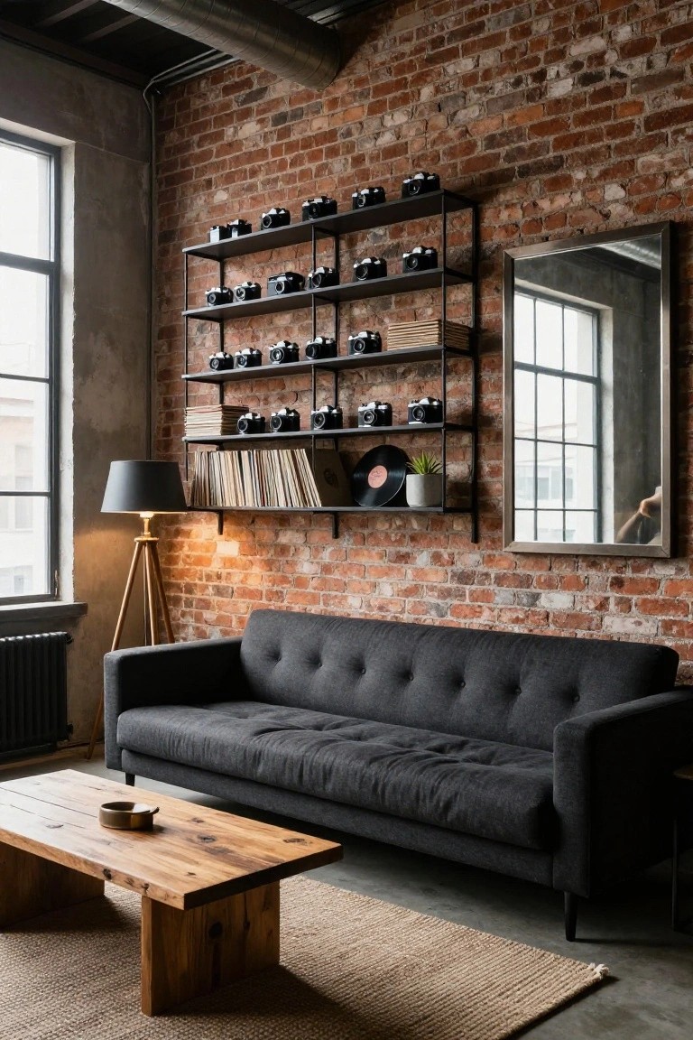 Living room with exposed brick walls and black metal shelves displaying vintage cameras, vinyl records, books, and plants next to a gray sofa, wooden coffee table, tripod lamp, and seagrass rug.