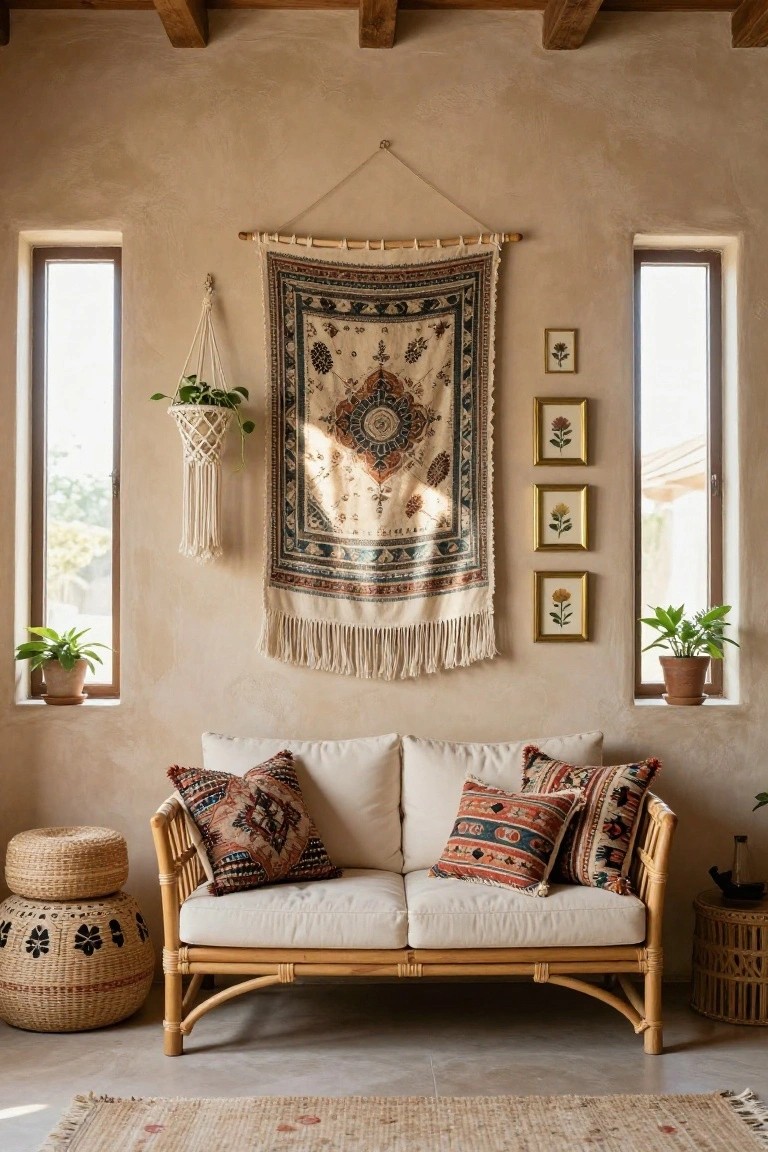 Beige-plastered living room with a large multicolored woven tapestry hanging between two windows, small gold-framed botanical prints on the wall, potted plants on sills, a white sofa with patterned cushions on a bamboo frame, rattan stools, and a seagrass rug on terracotta floor.