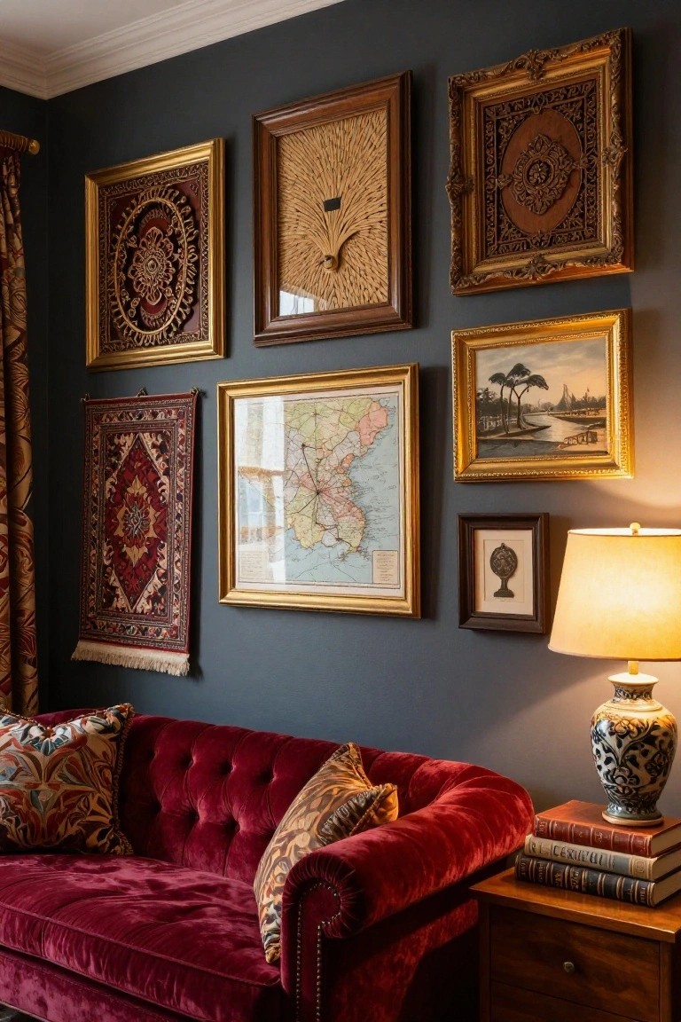 Dark gray living room wall displaying eclectic mix of gold and wood-framed art, ornate carvings, map, and two hung oriental rugs above red velvet tufted sofa, wooden side table with lamp, vase, and stacked books.