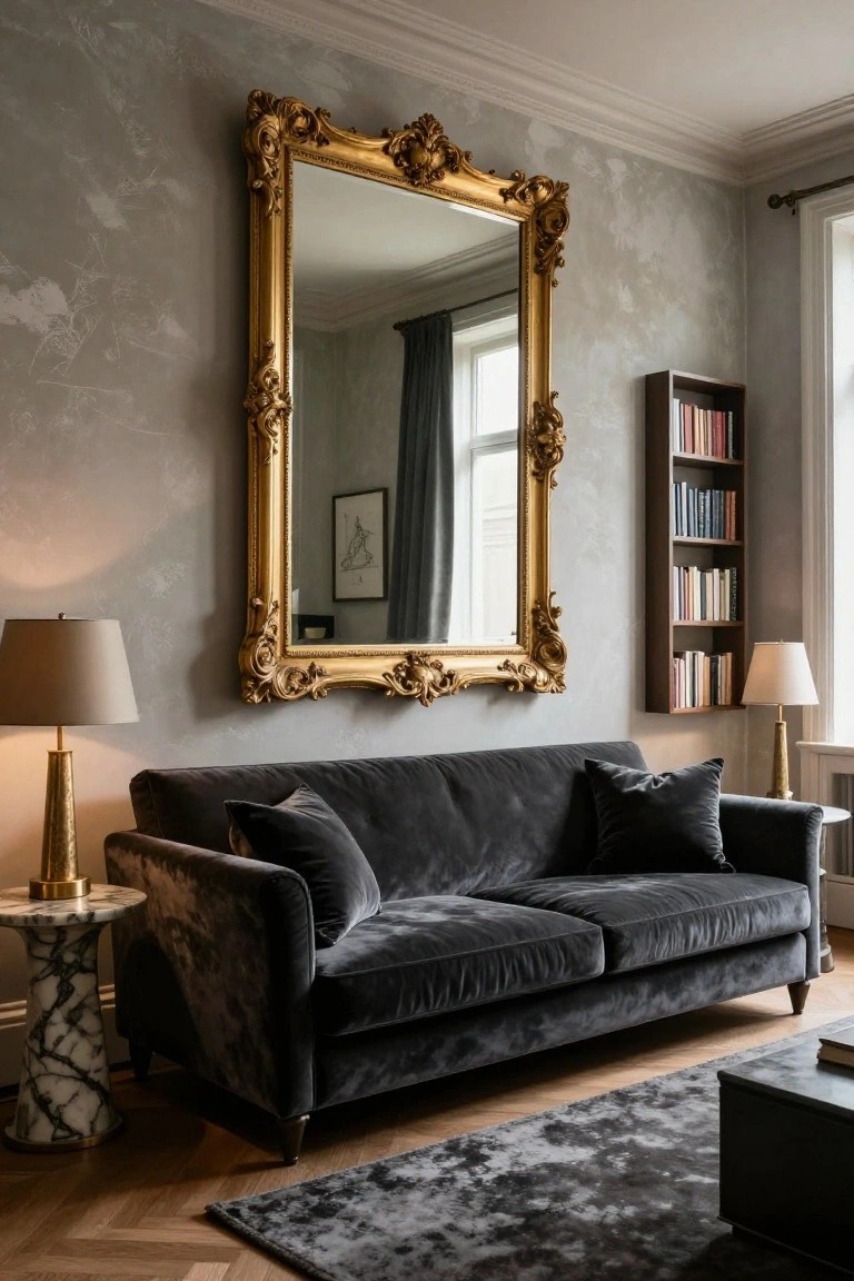 A cozy living room with a tall ornate gold-framed mirror mounted on a textured light gray wall, flanked by brass lamps on marble side tables, a dark gray velvet sofa, a built-in bookshelf with books, and a window with gray curtains.
