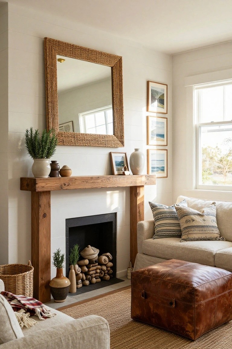 Living room corner with white shiplap walls, wooden mantel fireplace decorated with white and ceramic pots, plants, firewood stack, and photos, large rattan-framed mirror above mantel, cream sofa with pillows, leather ottoman, and jute rug.