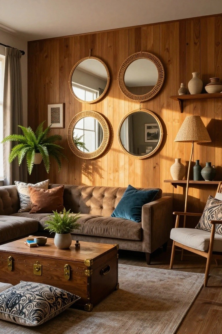 Living room with warm wood-paneled walls decorated by four round mirrors in rattan frames, alongside a brown tufted sofa, wooden trunk coffee table, plants, and ceramic vases.