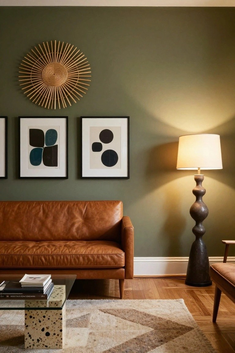 Living room with green walls, large woven rattan sunburst mirror, two black-framed abstract prints, tan leather sofa, glass-top terrazzo coffee table, bulbous ceramic floor lamp, wood stool, hardwood floor, and beige patterned rug.