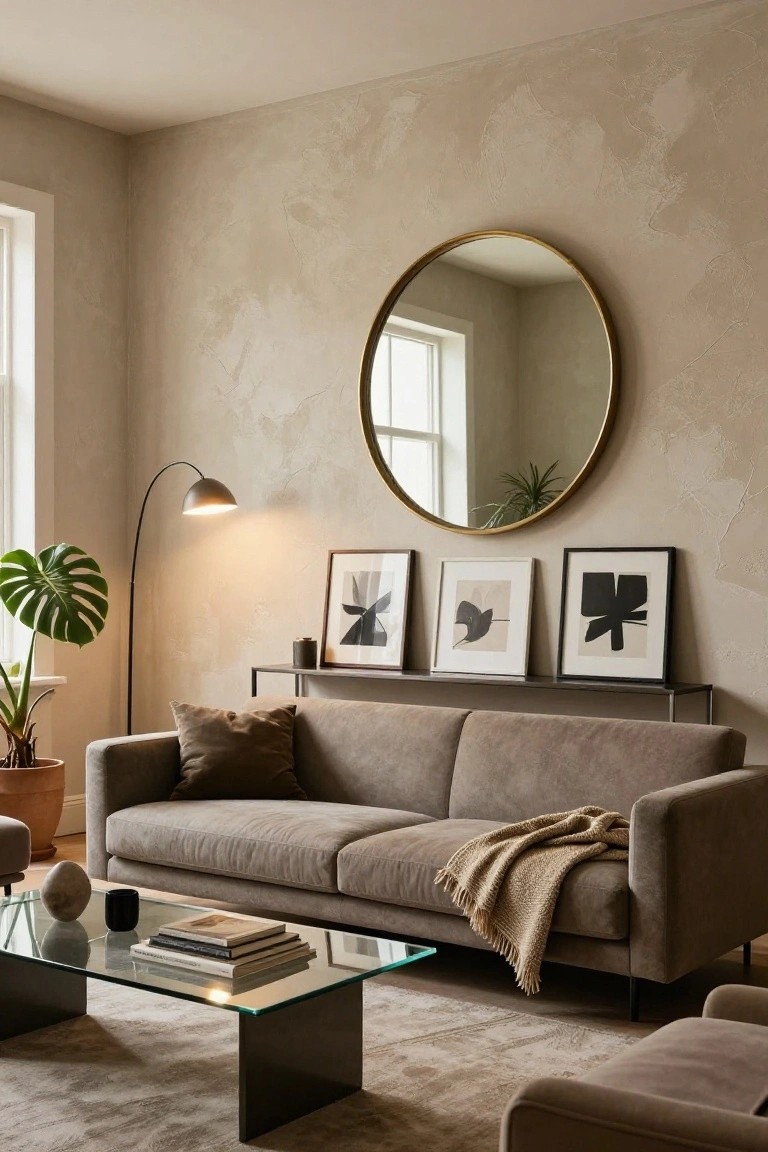 Living room with textured beige walls, large gold-framed round mirror reflecting a window, three abstract black-and-white framed prints on a black metal shelf below the mirror, gray velvet sofa, plants, floor lamp, and glass coffee table.
