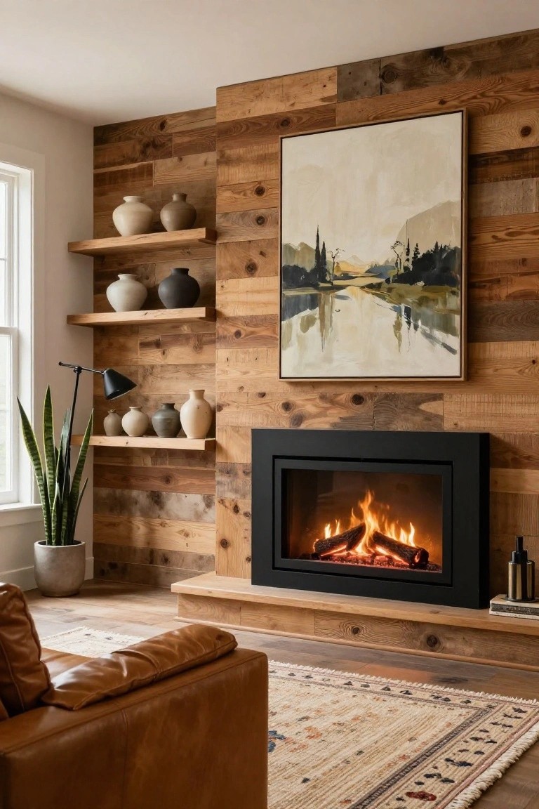 Living room with vertical wood plank accent wall, floating shelves displaying ceramic vases and plants, black gas fireplace, potted snake plant, leather sofa, and patterned rug on hardwood floor.