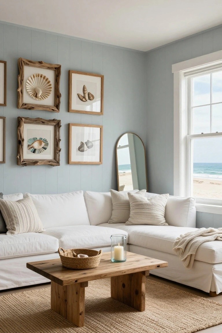 Bright coastal living room with white couch, wooden coffee table, and framed shell art.