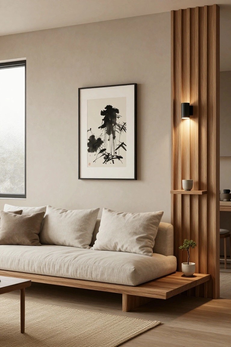 A minimalist living room with a low beige linen sofa on a wooden frame, wooden slat wall paneling with integrated shelf holding a cup and wall-mounted light, abstract ink painting, small potted plant, and low wooden coffee table on light wood floors.