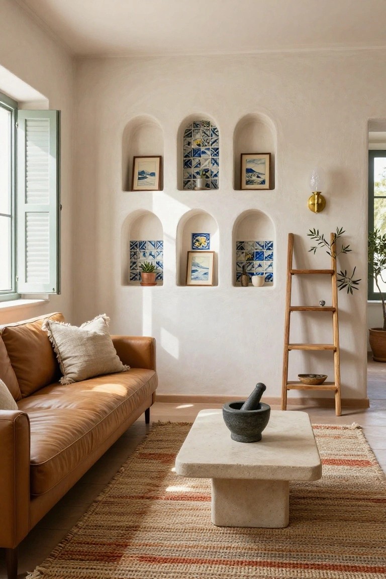 Living room interior with white walls featuring several arched niches decorated with blue tiles, small paintings, plants, and ceramics, next to a tan leather sofa, stone coffee table, wooden ladder shelf, and open green shutters on windows.