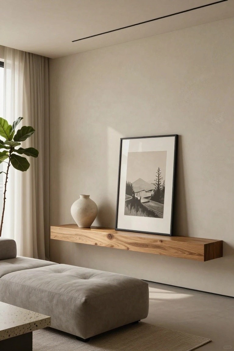 Beige living room wall with floating wooden shelf displaying white ceramic vase and tall black-framed grayscale mountain landscape print, large potted fiddle leaf fig plant nearby, sheer curtains on window, low gray fabric sofa below, concrete side table, and light rug.
