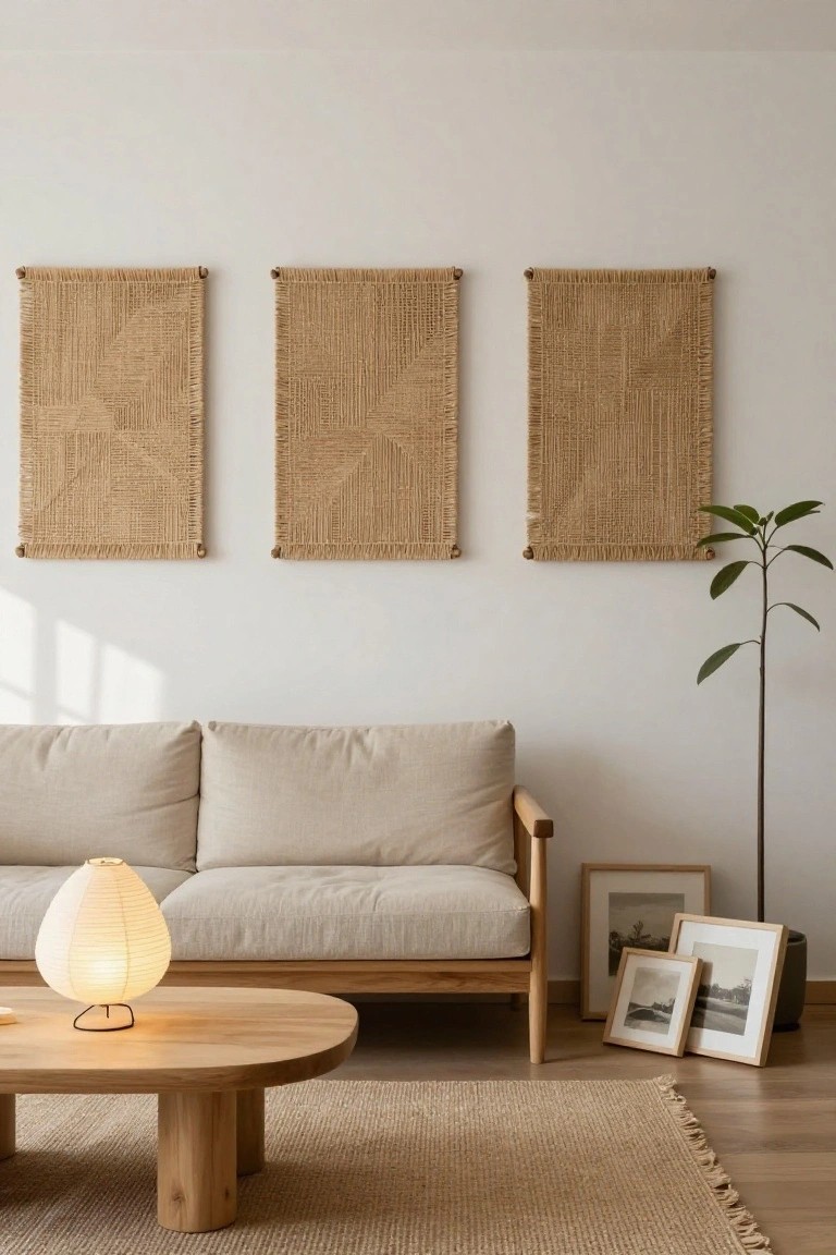 A minimalist living room with white walls displaying three large beige woven rectangular hangings, a light beige linen sofa, oval wooden coffee table, white paper lantern lamp, potted green plant, small framed black-and-white photos, and beige seagrass rug on light wood floors.