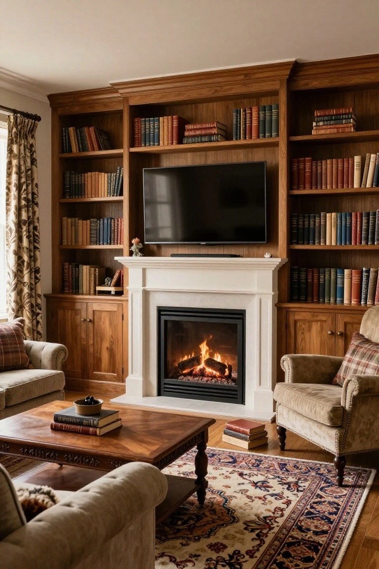 Cozy living room with tall wooden built-in bookshelves flanking a wall-mounted TV above a gas fireplace, armchairs, wooden coffee table, and patterned rug on hardwood floor.