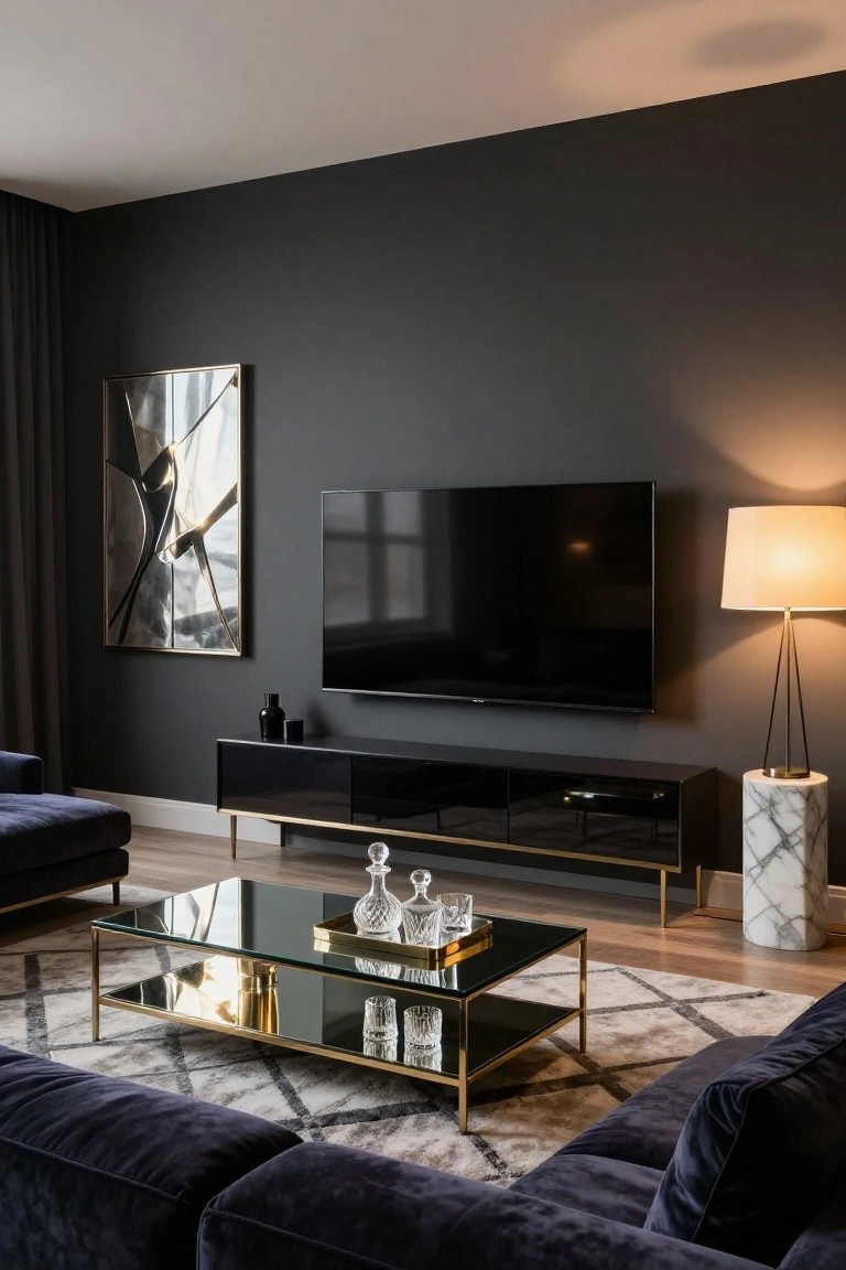 Modern living room with dark gray walls, wall-mounted black TV above a glossy black media console with brass legs, navy velvet L-shaped sofa, gold-framed glass coffee table with brass tray and decanters, beige floor lamp on marble base, and abstract framed artwork.