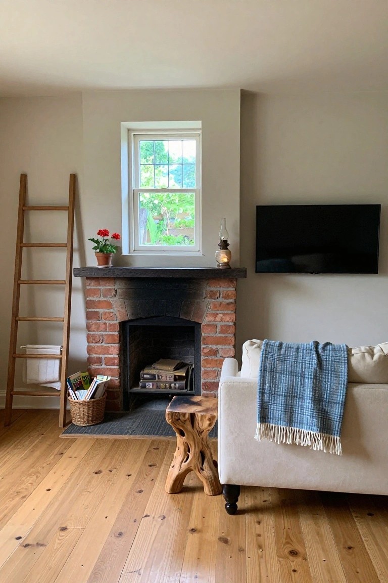 Cozy living room with brick fireplace, black TV mounted above mantel, white sofa with blue plaid blanket, wooden ladder leaning nearby, potted red geraniums on windowsill, and hardwood floors.