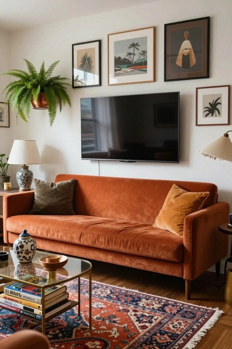Living room with burnt orange velvet L-shaped sofa facing a wall-mounted TV on white walls adorned with assorted framed artwork, a hanging fern in copper pot, glass coffee table with books, blue-and-white vase, and red-blue patterned rug on hardwood floors.