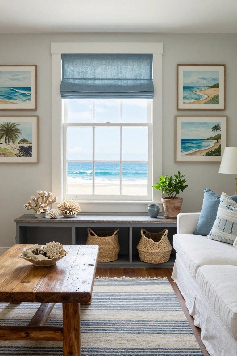 Light gray living room corner with wooden console under large open window showing ocean view, coral and shell decor on console and coffee table, white sofa with blue pillows, seagrass baskets, potted plant, and beach paintings on walls.