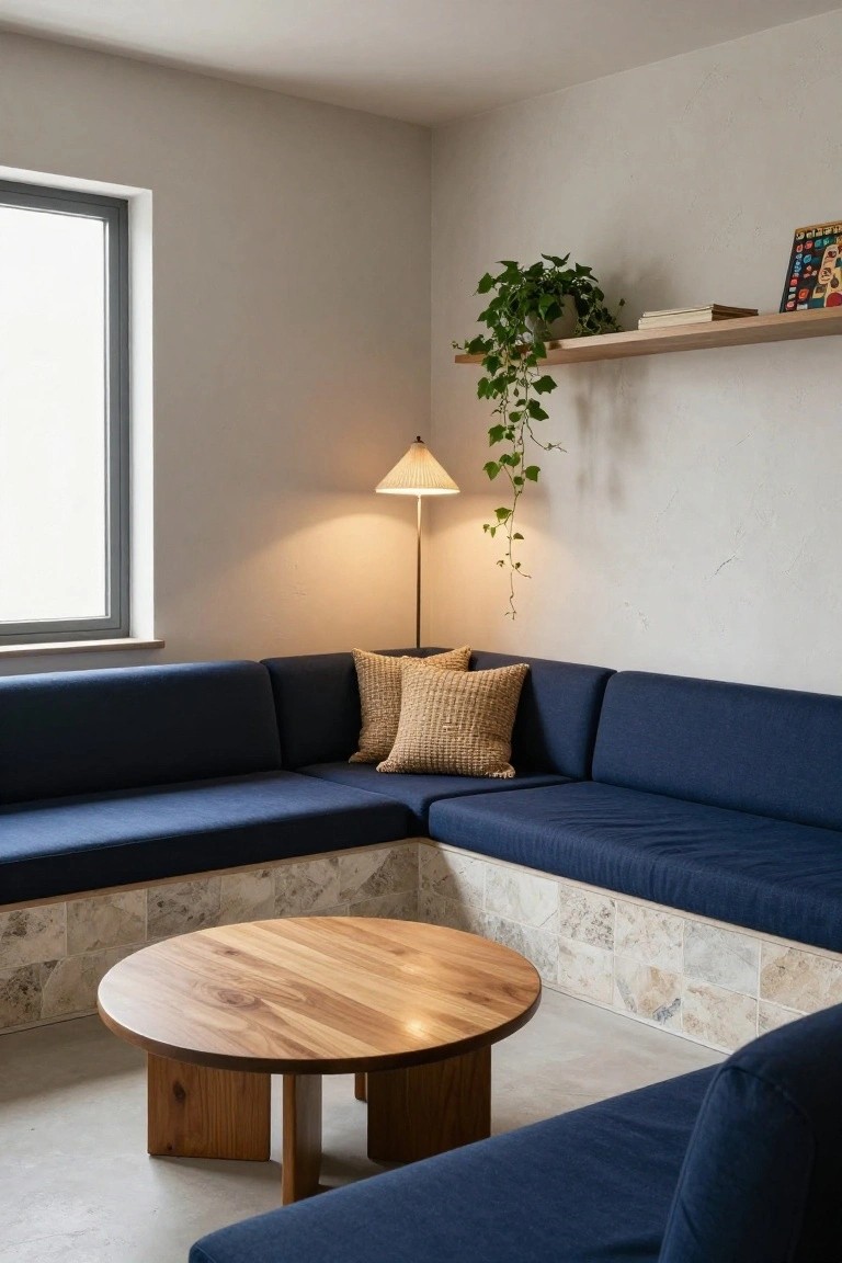 Cozy corner seating with navy blue cushions, wooden coffee table, and greenery.