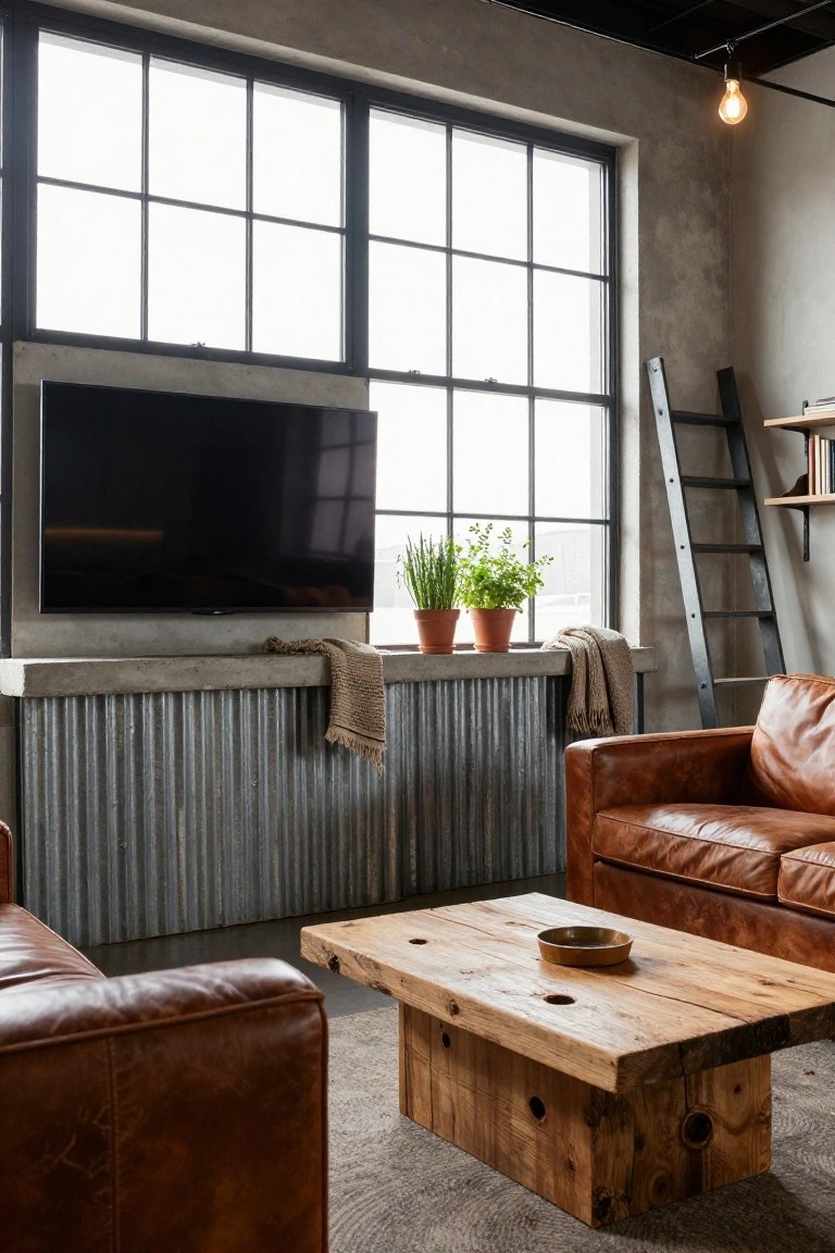 Industrial living room with two brown leather sofas around a rough wood coffee table, black TV mounted above concrete shelf on corrugated metal wall, large factory windows, potted plants, metal ladder shelf, and hanging bulb light.